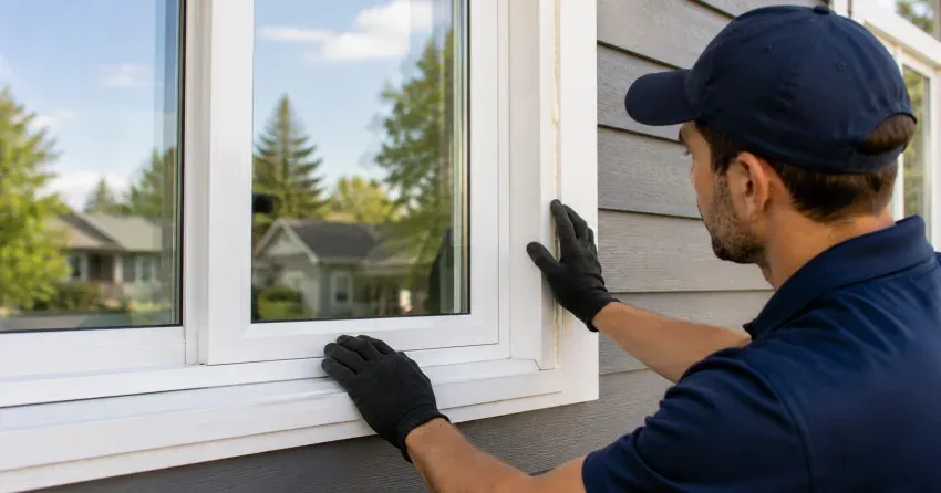 technician comparing full-frame and retrofit window replacement options in Uxbridge