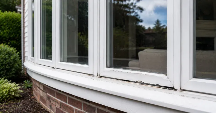 technician inspecting bow window frame and seal for damage in Uxbridge