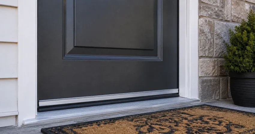 technician replacing worn door weatherstripping in Uxbridge home