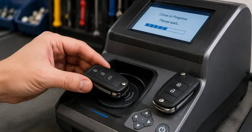 mobile locksmith performing car door key duplication Zephyr, Uxbridge on-site