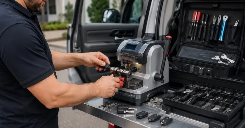 technician cutting a replacement car door lock key in Uxbridge