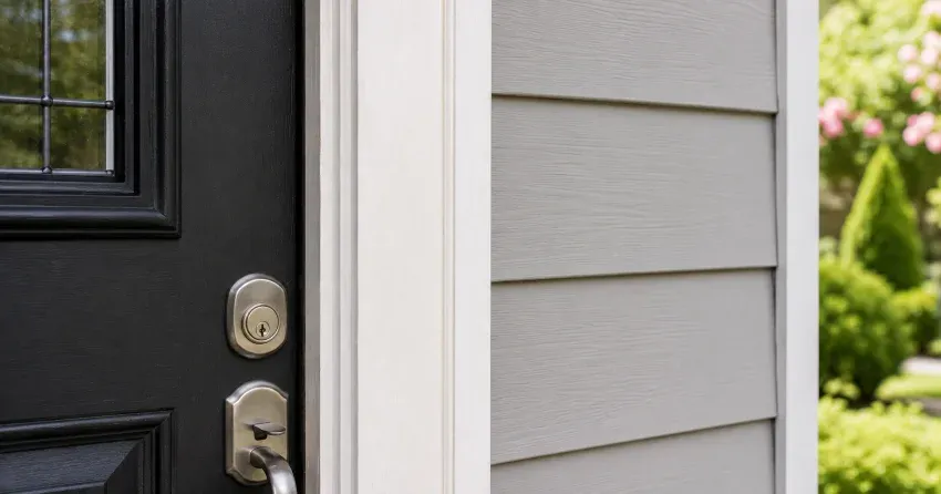 technician inspecting door jamb behind cracked casing in Wooden Sticks, Uxbridge home