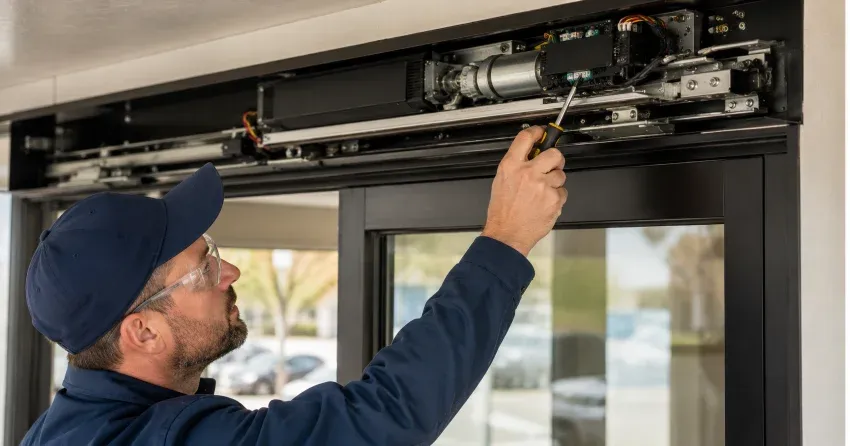 technician completing automatic door repair on residential property in Foxbridge, Uxbridge