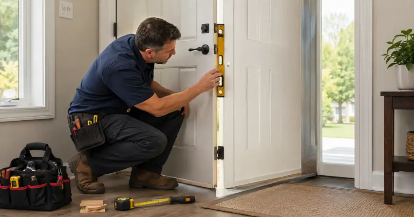 technician diagnosing a misaligned door frame in Foxbridge, Uxbridge