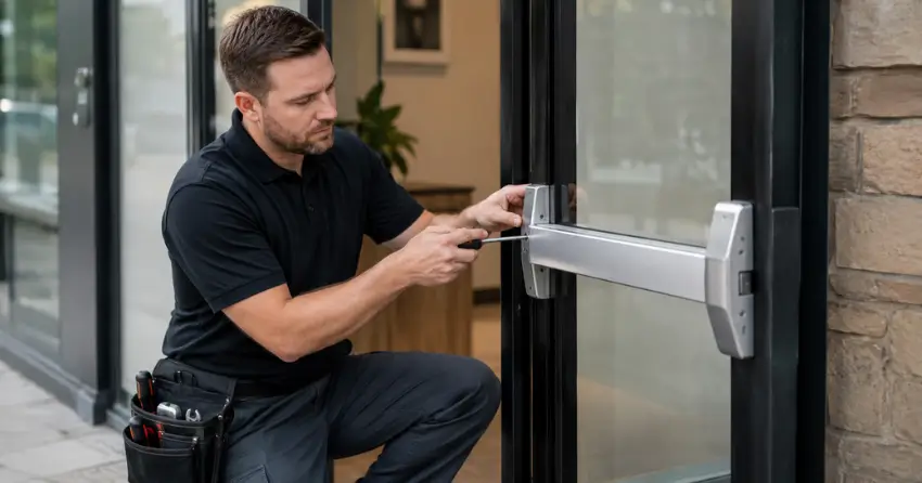 commercial locksmith repairing exit device on storefront door Uxbridge