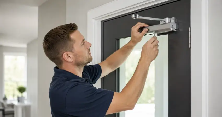 technician adjusting door closer hydraulic valve in Sandford, Uxbridge home