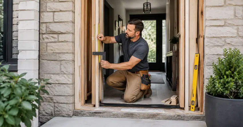 exterior door installer assessing rough opening in Victoria