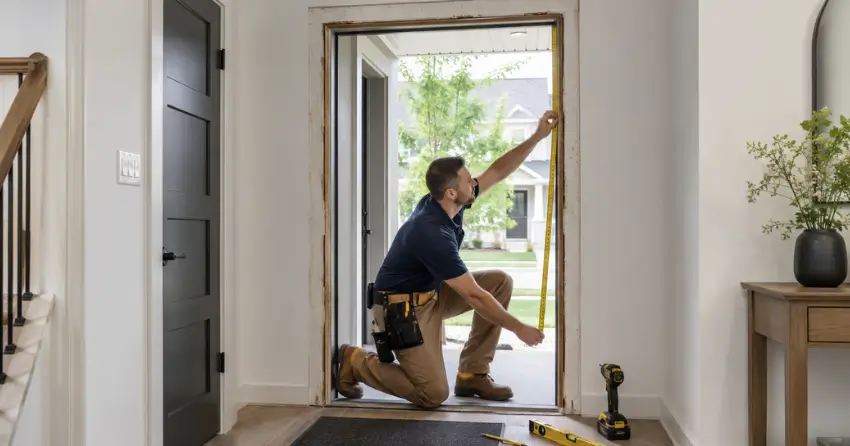 technician measuring a door frame before new door installation in Wooden Sticks, Uxbridge