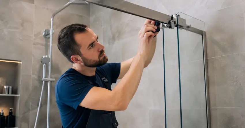 technician adjusting shower door hinge and track in Sandy Hook, Uxbridge