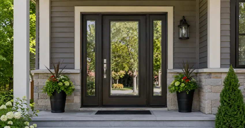 glass entry door with sidelights on a home in Zephyr, Uxbridge