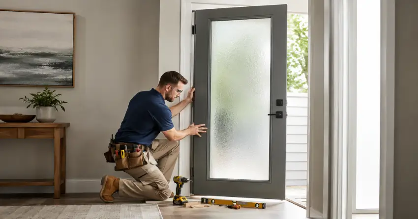 glass panel door installation with frosted privacy glass in residential setting in Glasgow, Uxbridge