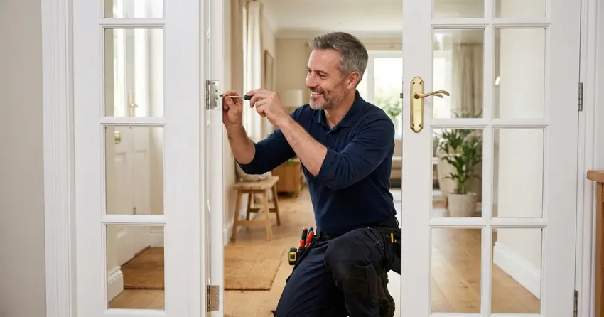 technician adjusting French door hinge for proper alignment in Uxbridge