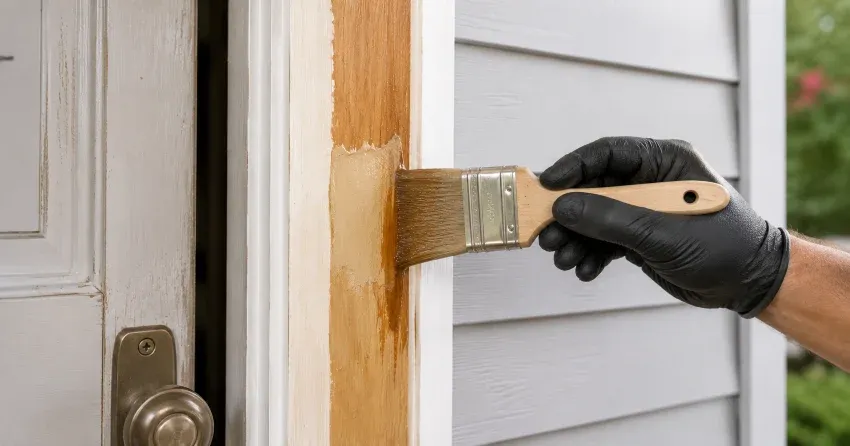 technician probing rotted wood on a door frame in Altona, Uxbridge