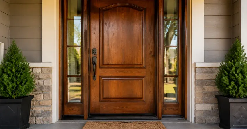 wood door mid-restoration showing stripped bare wood in South Balsam, Uxbridge